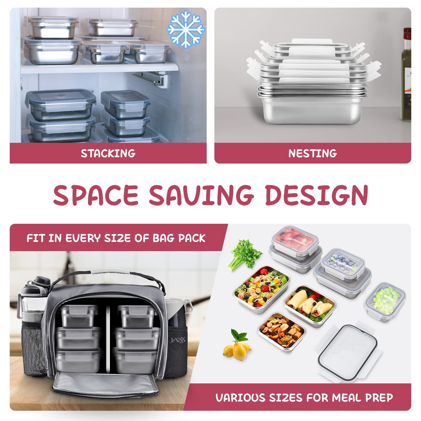 Cykorxicc 10 Pc Square 304 Stainless Steel Food Containers With Lids, Airtight Bento Lunch Box, Metal Meal Prep Food Containers