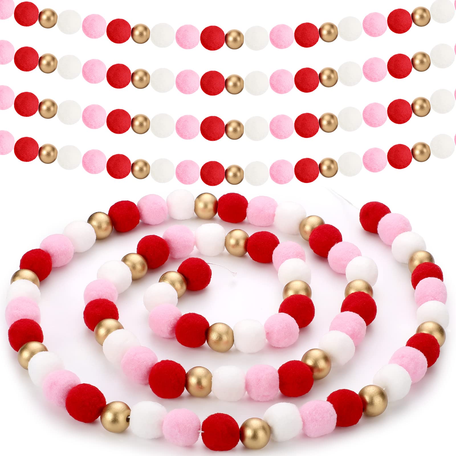 2 Pcs Valentines Day Garland Decoration Valentine Pom Pom Wool and Wood Felt Ball Valentines Felt Garland with Gold Wood Beads V