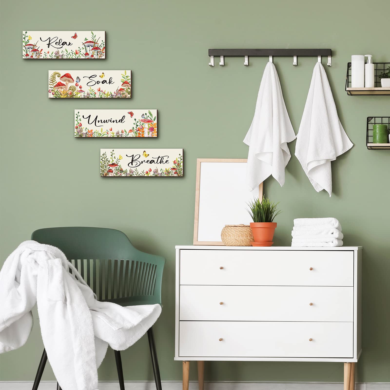 4 Pcs Mushroom Watercolor Floral Wall Art Bathroom Decor Relax Soak Unwind Breathe Wall Decor Sign Bathroom Butterfly Flower Pic