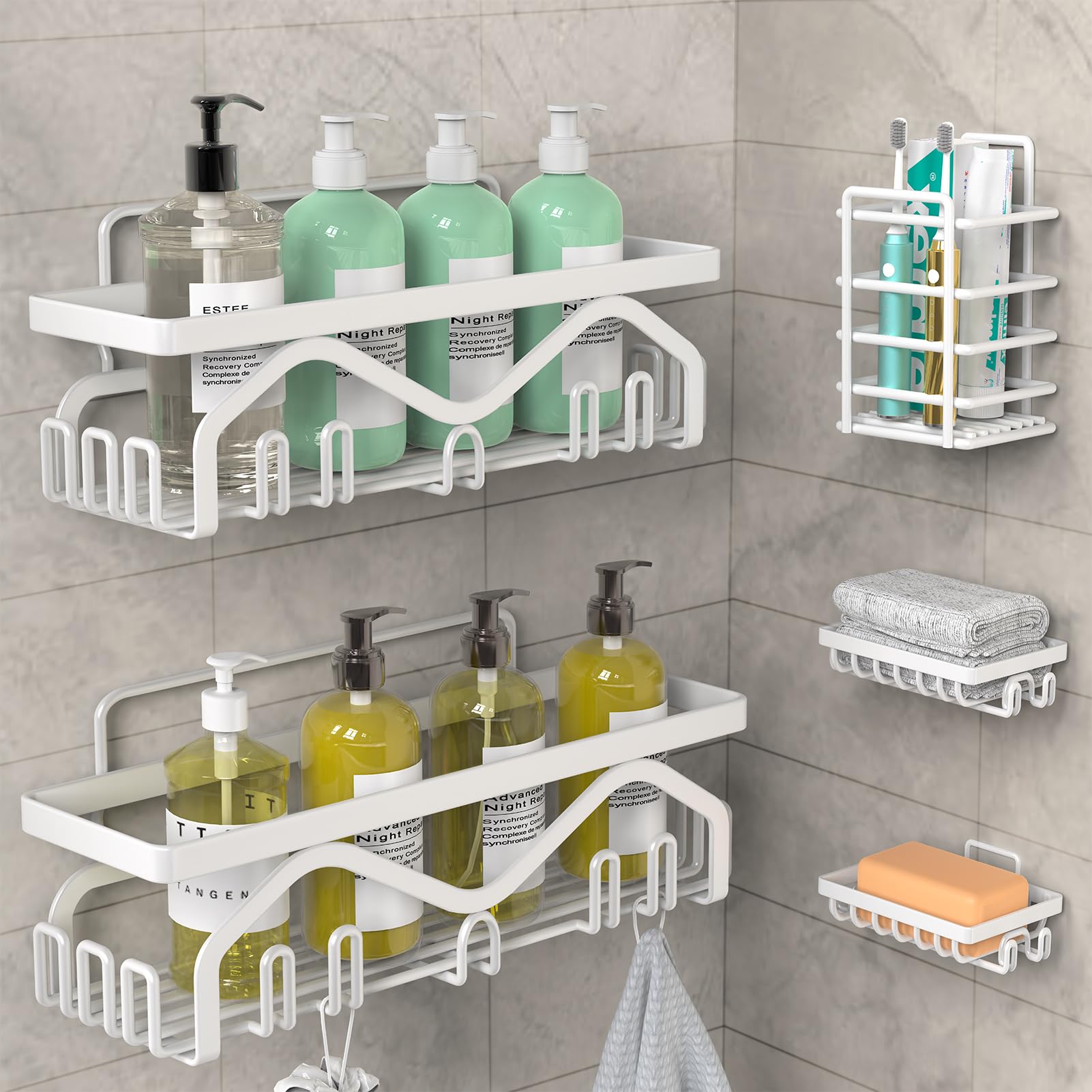 Coraje Shower Caddy, Shower Shelves [5-Pack], Adhesive Shower Organizer No Drilling, Large Capacity, Rustproof Bathroom Shower O