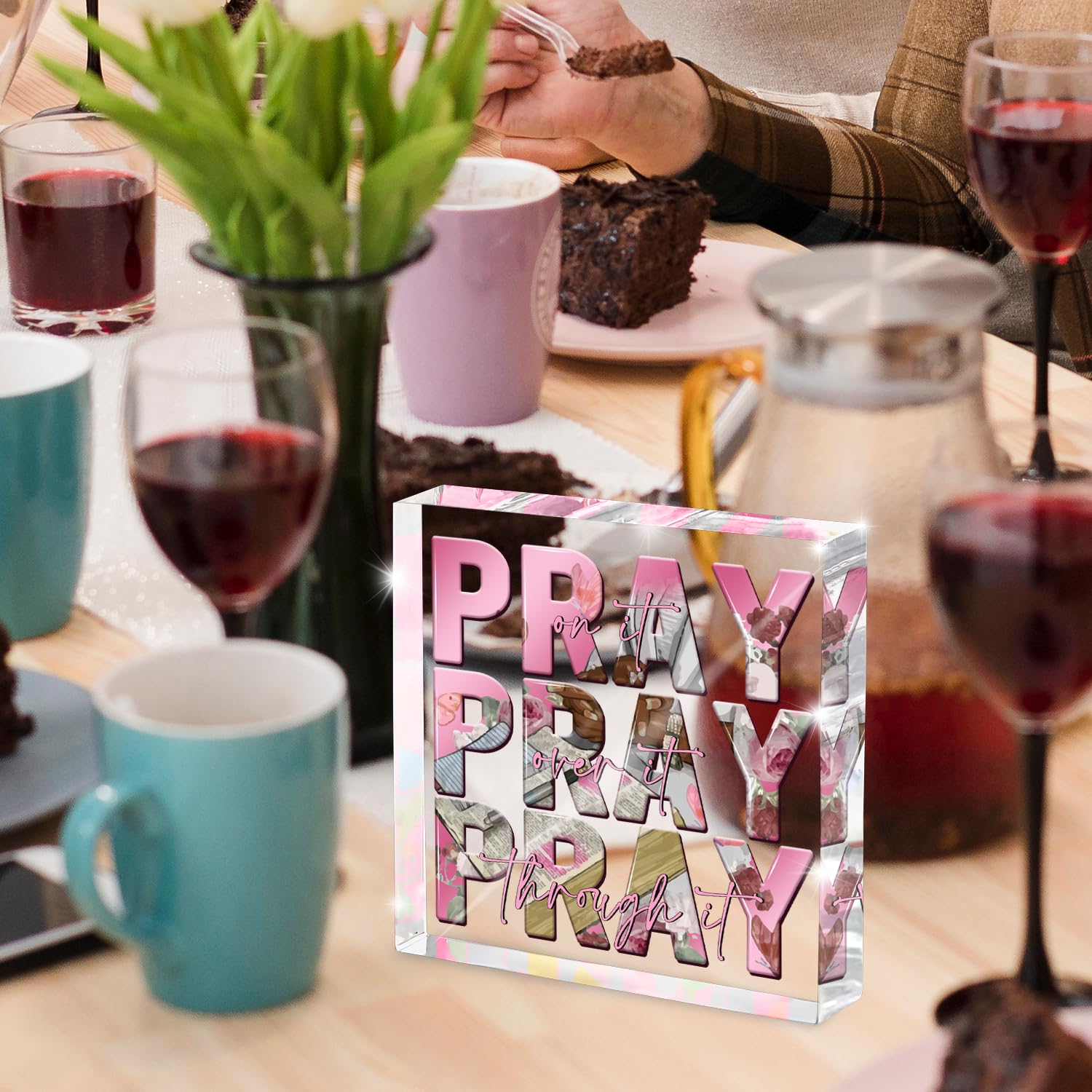 Religious Gifts for Women, Pink Inspirational Decor Pray Over It Bible Verse Art Christian Gifts, 4x 4 Inches Office Desk Access