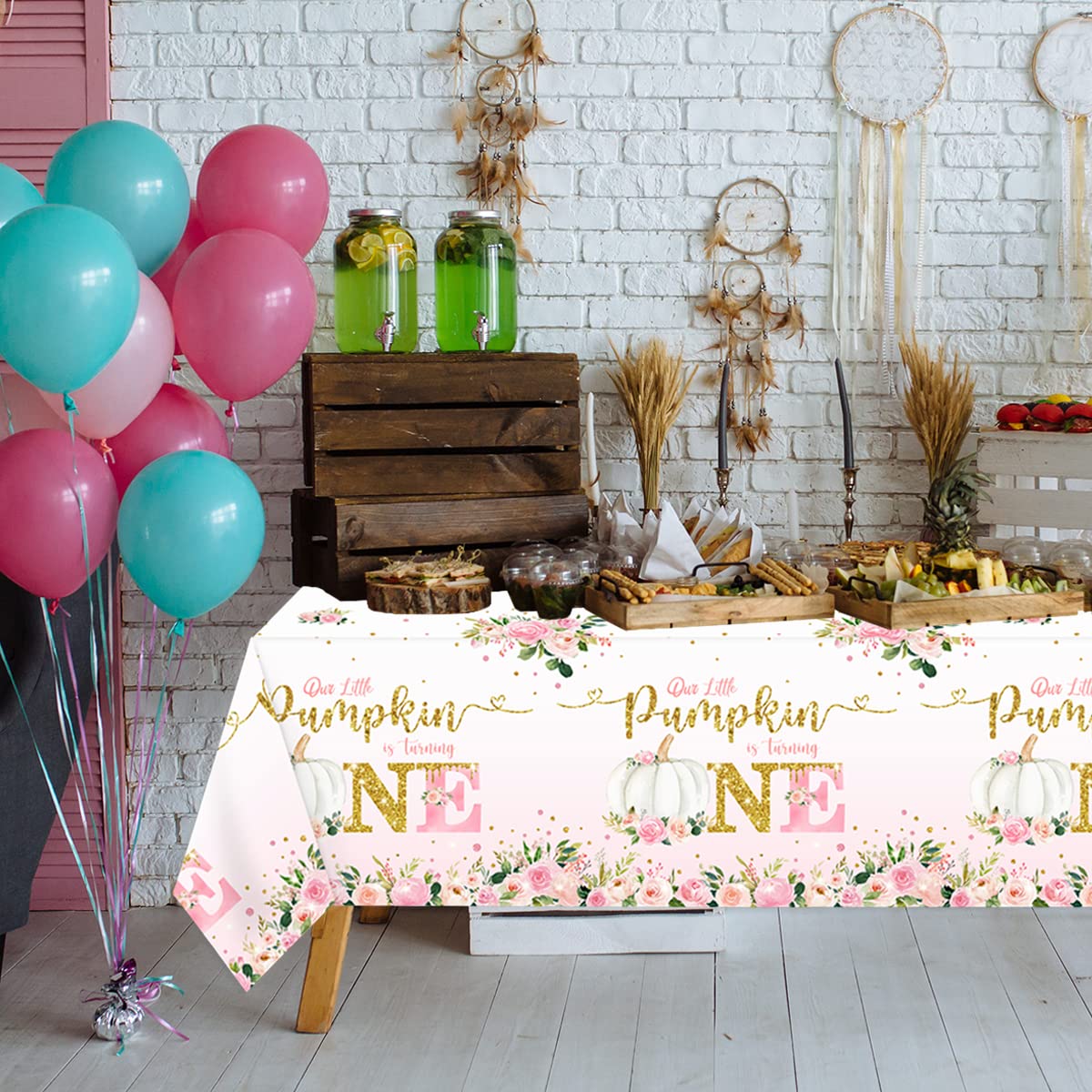 Little Pumpkin Baby Shower Decorations Girl-3Pcs Our Little Pumpkin is Turning One Tablecloths Pink Pumpkin Plastic Rectangle Ta