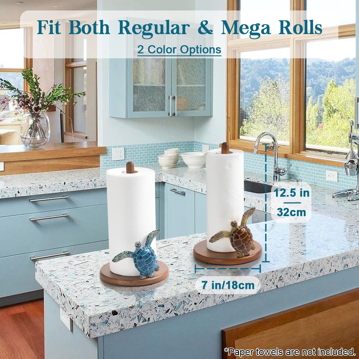 Turtle Paper Towel Holder - Unique Paper Towel Holder Stand Cute Sea Turtle Ocean Decor Gift Beach House Decor Wooden Counter Ki