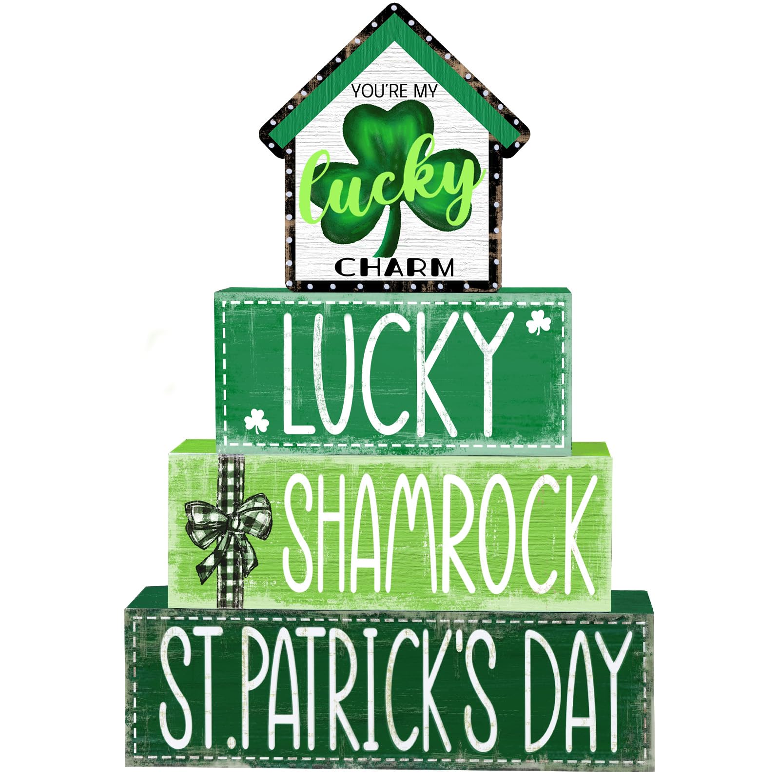 DIYDEC 4Pcs St.Patricks Day Table Decoration Shamrocks House Wooden Block Signs Rustic St. Patrick Tiered Tray Decor Happy St.P