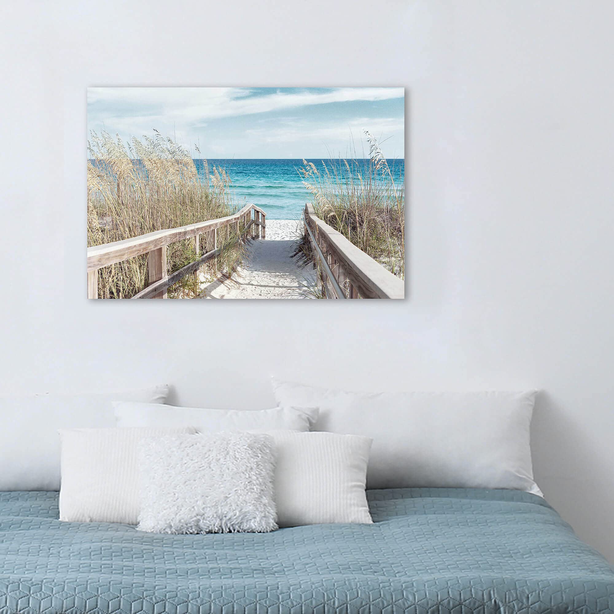 Wallsup Decor Beach Pathway Canvas Wall Art - Ocean Theme Artwork Boardwalk Picture With Wood Toned Fence And Weeds Painting For