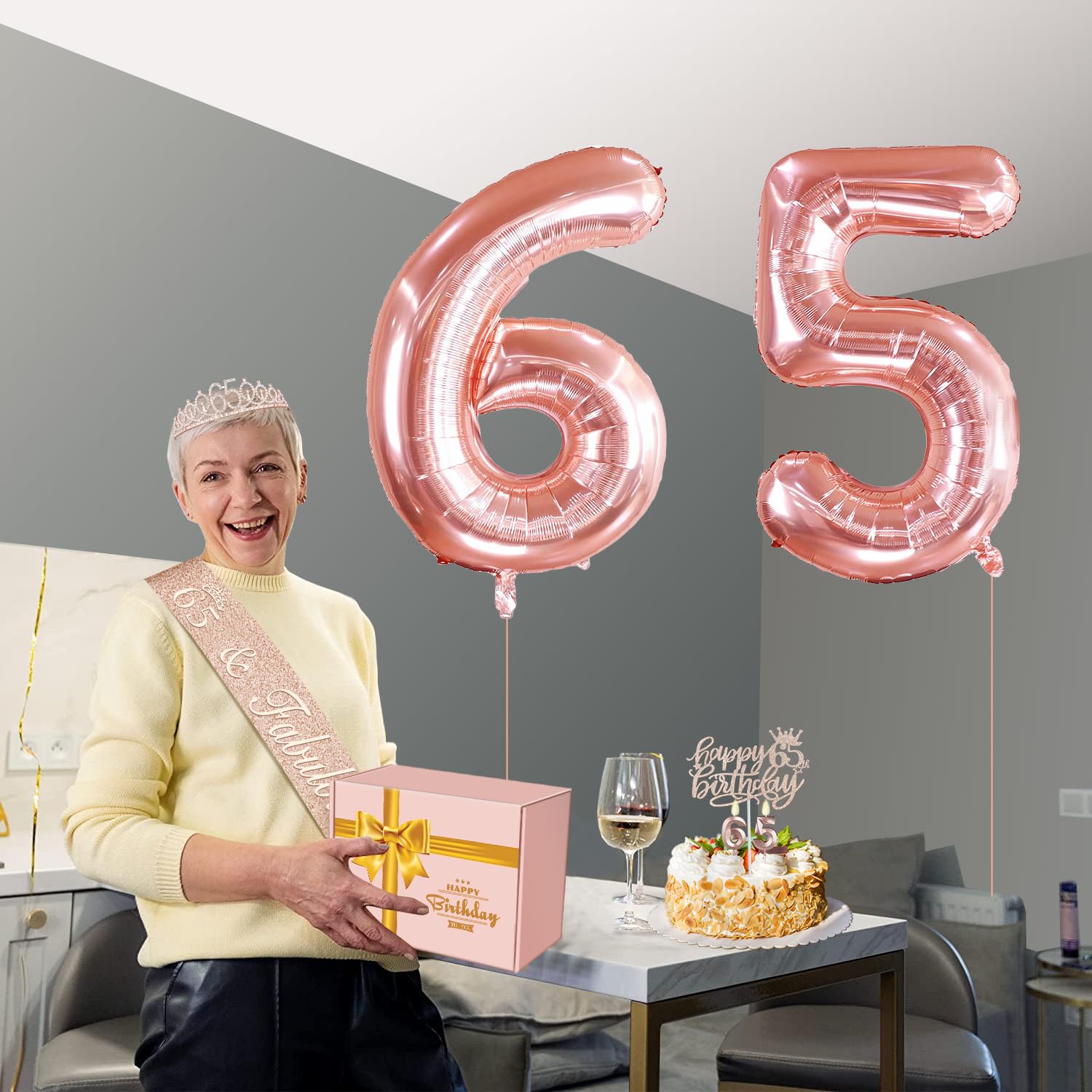 65Th Birthday Decorations For Women, Including 65Th Birthday Sash And Tiara, Birthday Cake Topper And Number 65 Candles, 65 Ball
