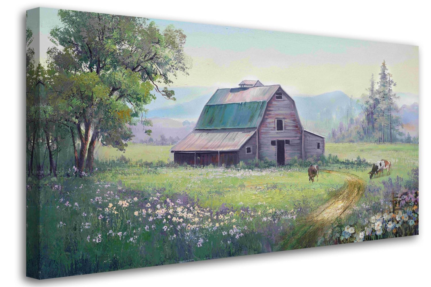 Acocifi Farmhouse Wall Art Barn Picture Cow Farm Landscape Painting Canvas, Nature Wildflower Rustic Scenery Print Artwork Frame