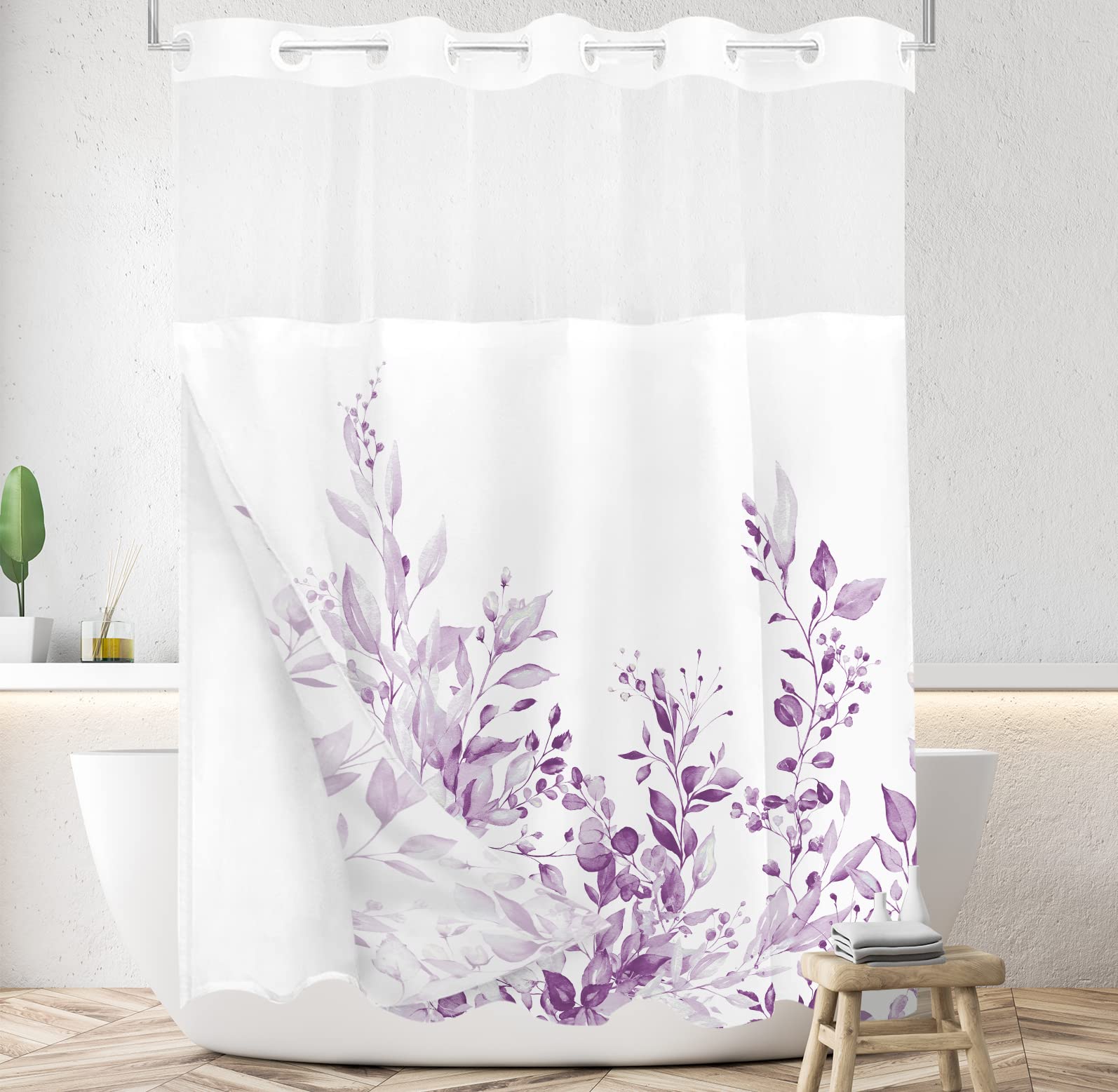 Tititex No Hooks Snap In Liner Lilac Light Purple Eucalyptus Leaves Shower Curtain, Hotel Luxury Double Layers Waterproof Fabric