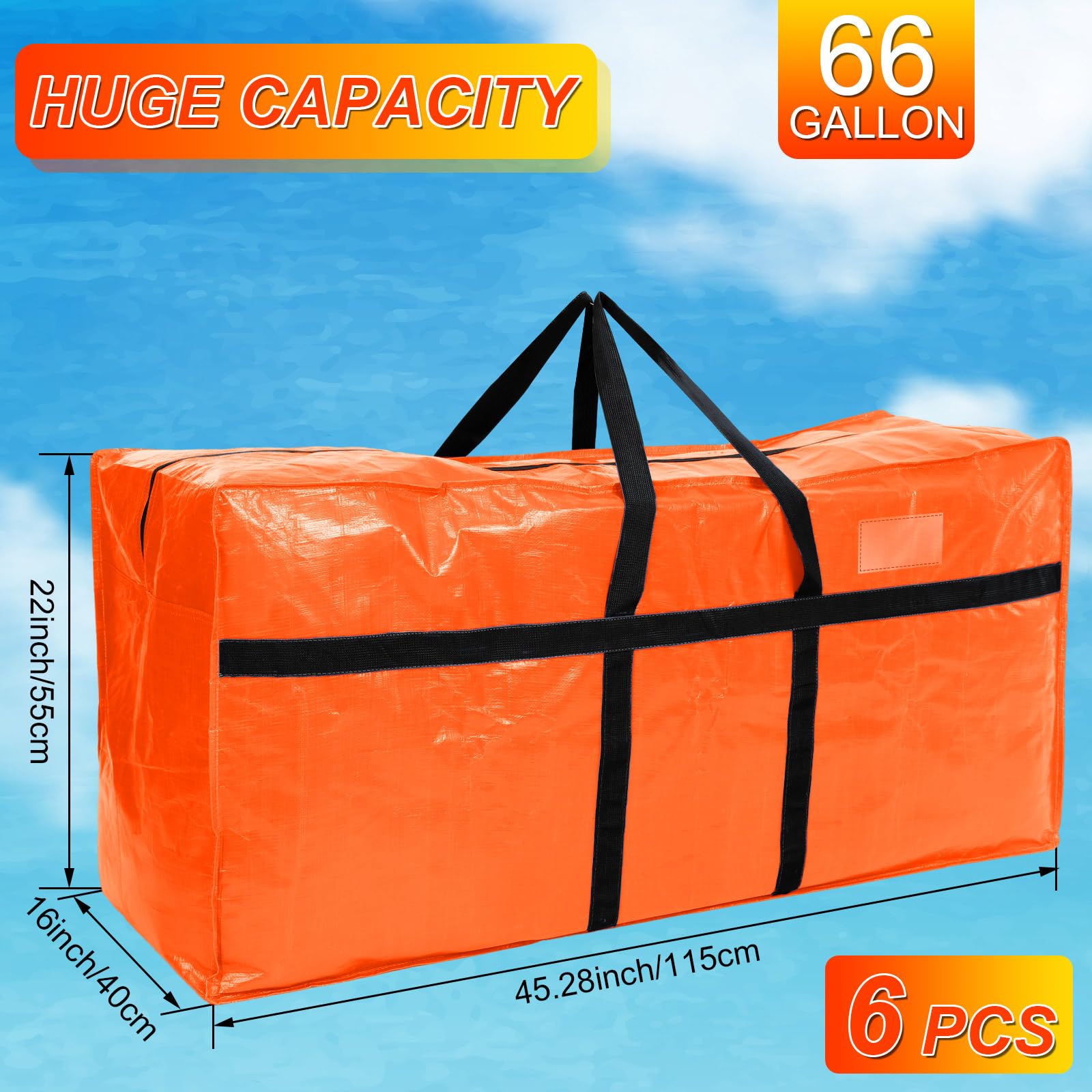 Clysee 6 Pcs 66 Gallon Large Moving Bags with Zipper and Handles Foldable Storage Duffle Bags Heavy Duty Extra Large Totes for C