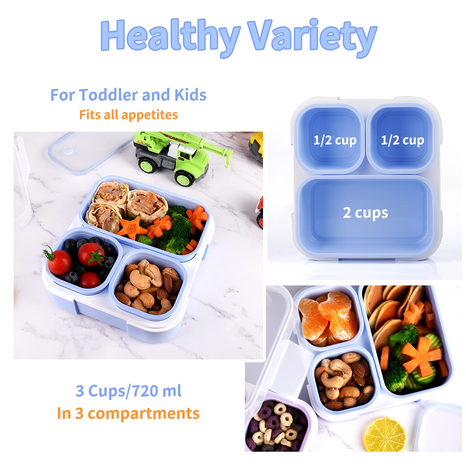Genteen Bento Box For Kids, Kids Lunch Box With 3 Removable Compartments, Toddler Baby Lunch Box For Daycare, School, Leak-Proof