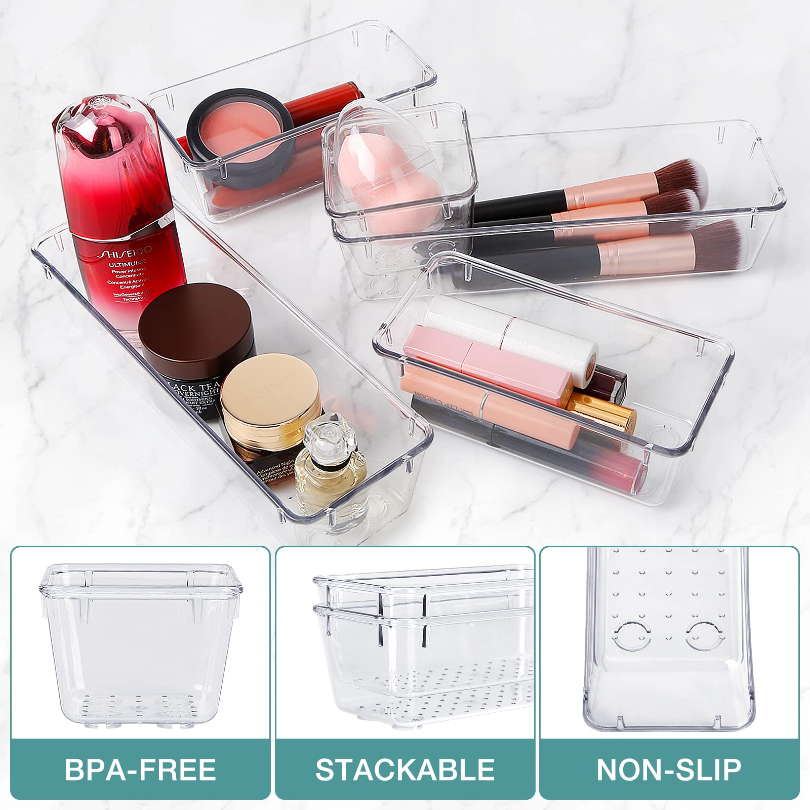 StorMiracle 10 PCS Drawer Organizer Set,4 Varied Size Bathroom and kitchen Drawer cabinet organizer Trays, Clear Storage Bins fo