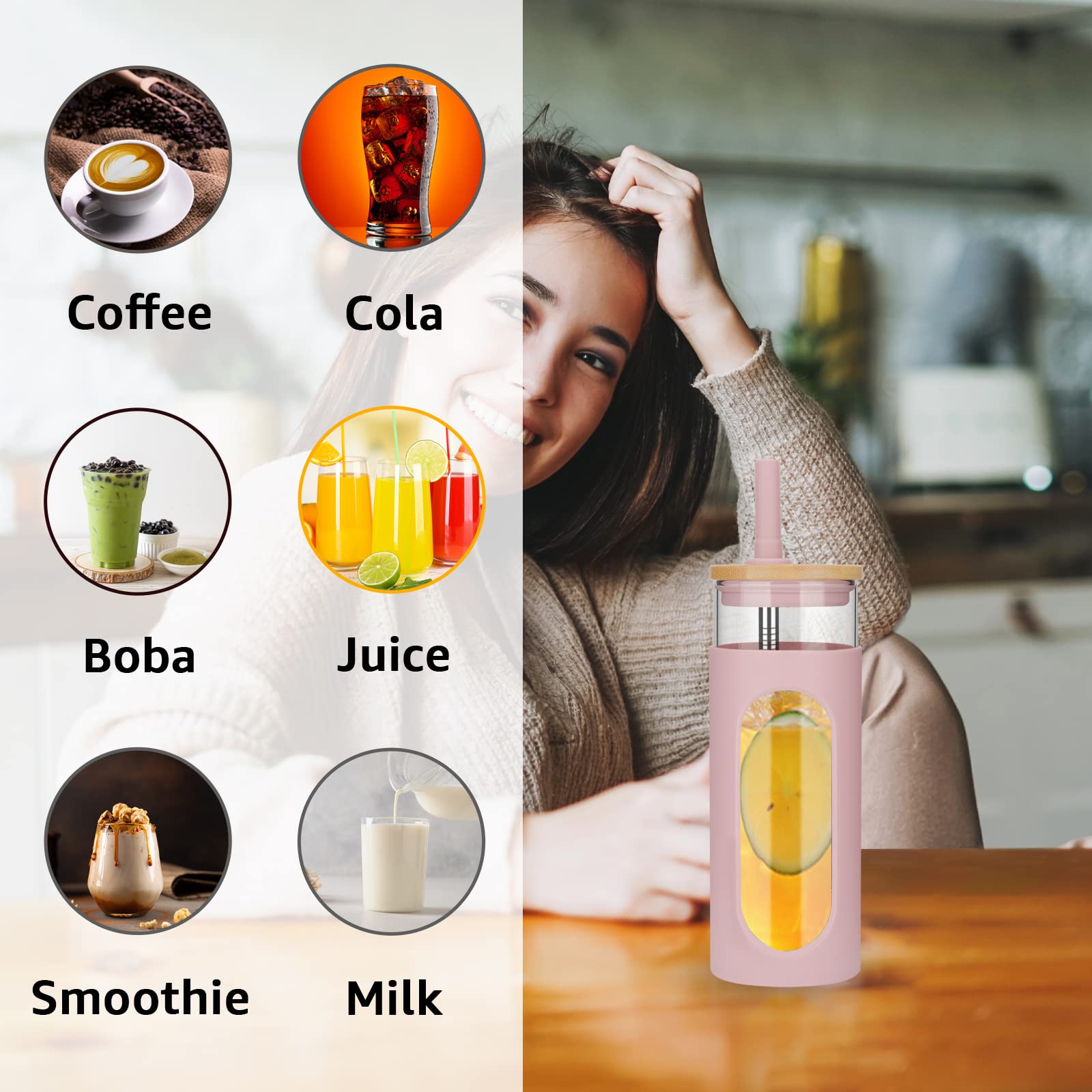 Tronco 22Oz Glass Tumbler With Bamboo Lid And Straw, Glass Cup For Boba,Iced Coffee,Smoothie, Spill Proof Glass Water Bottle Wit