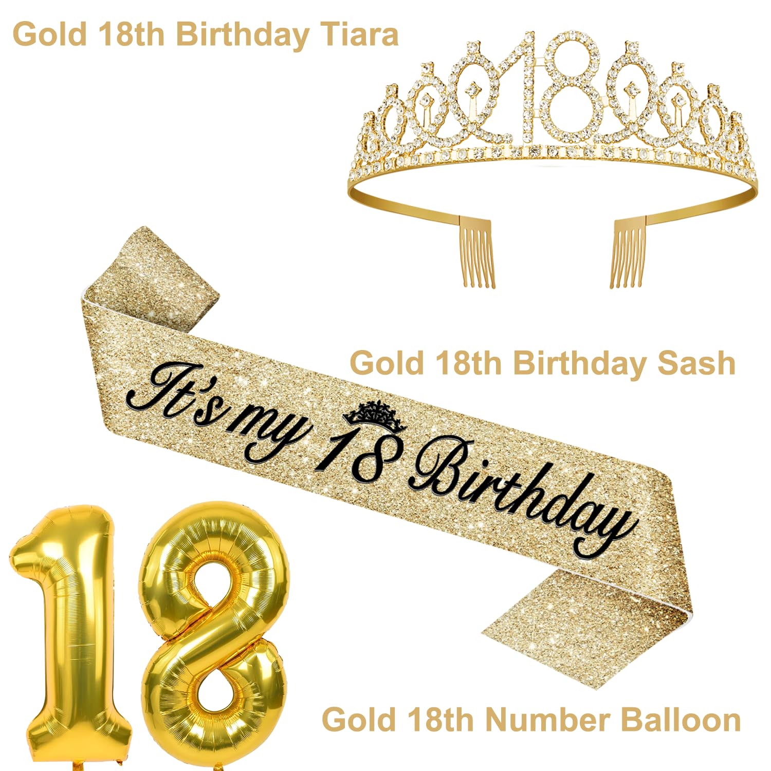 18Th Birthday Decorations For Girls Gold Set With 18Th Birthday Tiara And Sash Gold, 18 Birthday Cake Topper And Number 18 Candl