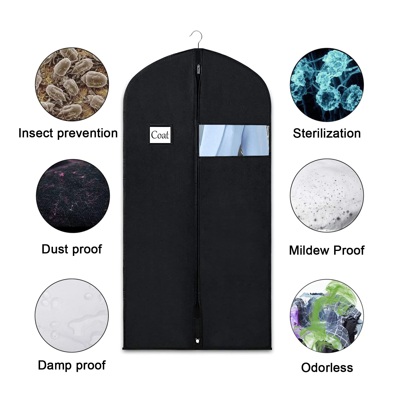 Univivi 5 Pack Garment Bags For Hanging Clothes, 60 Inch Dress Cover With Clear Window And Id Card Holder, Breathable Full Zippe