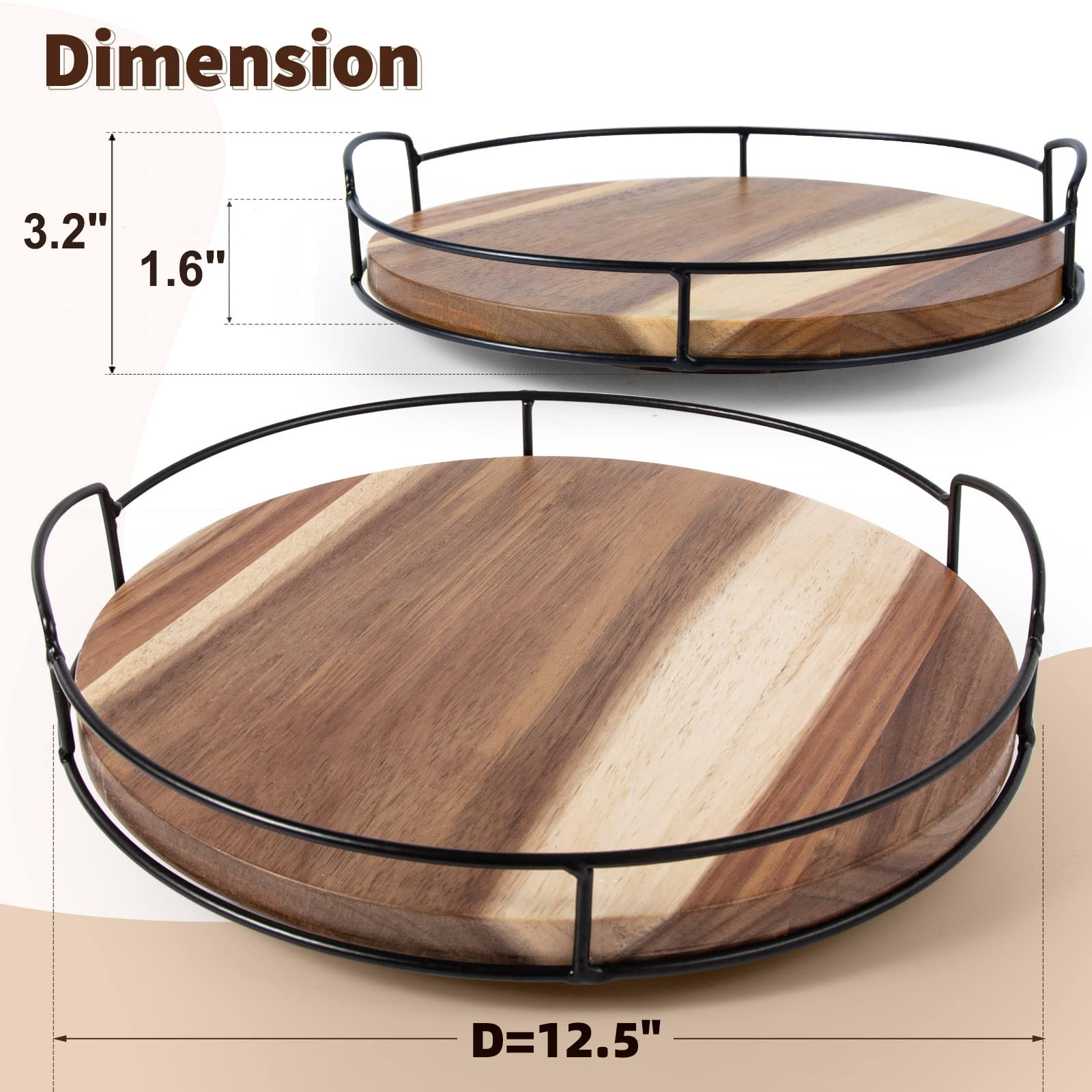 12.5'' Acacia Wood Lazy Susan Turntable With Handles, Tomoaza Kitchen Organizer Turntable With Steel Sides, 360 Degree Turntable
