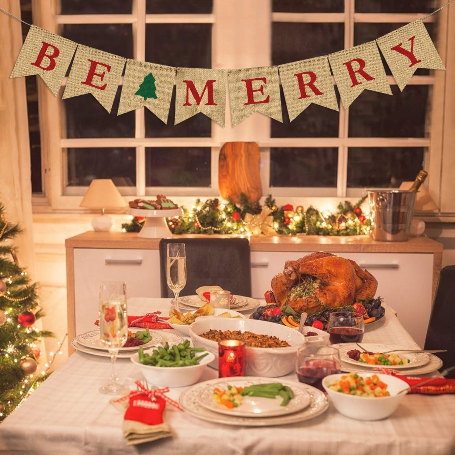 Be Merry Burlap Banner  Christmas Burlap Banner  Christmas tree Garland  Holiday Bunting  Home Garden Indoor Outdoor Banner  Natural Burlap Banner  Christmas Decor Decorations