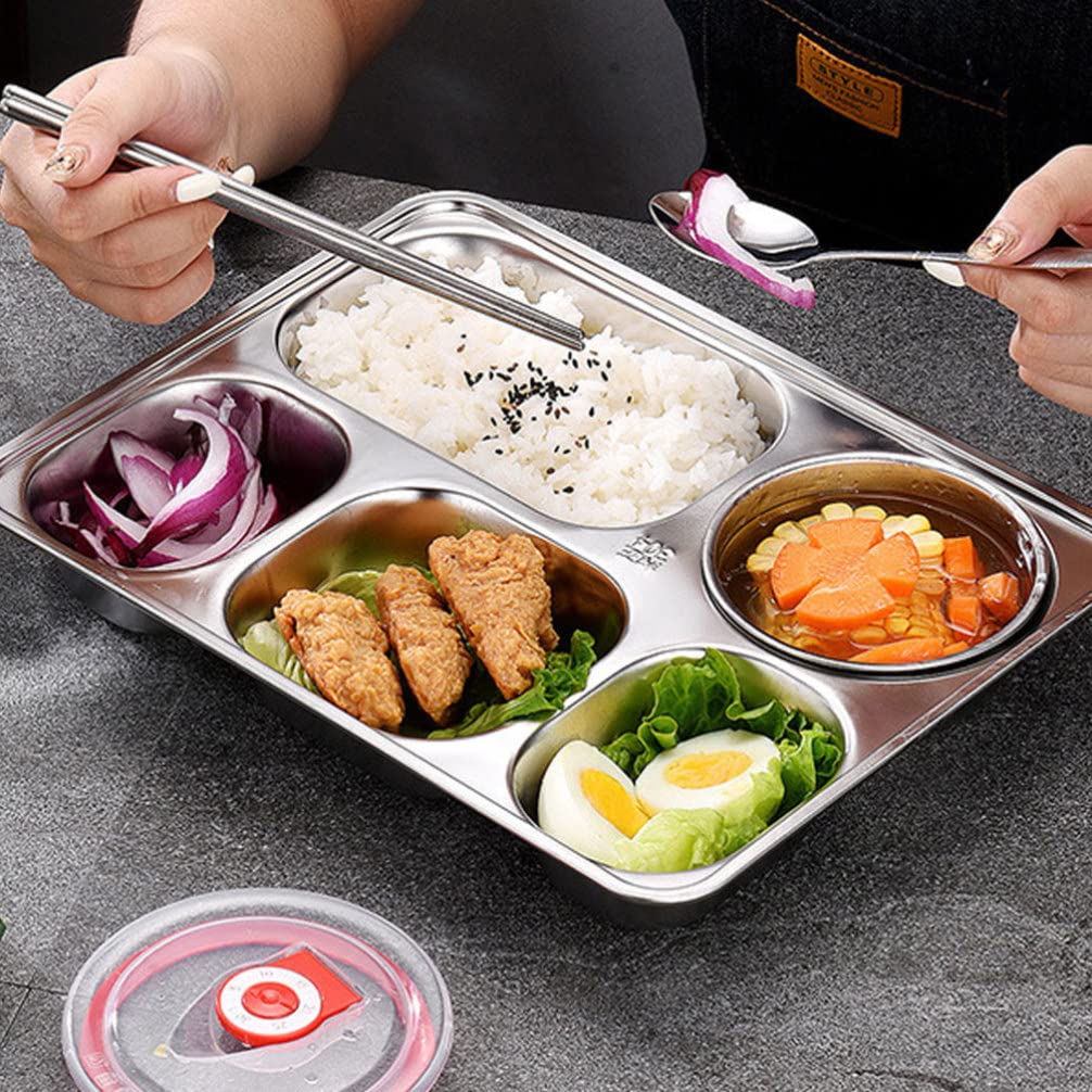 Ganazono Food Tray 2 Sets Stainless Steel Rectangular Divided Plates Tray With Lid For Adults Divided Dinner Tray 5 Sections Ben