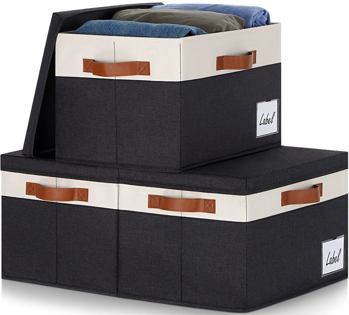 Ghvyennttes Large Storage Bins With Lids (3-Pack) Large Closet Storage Bins With Lid And 3 Pu Handles, Foldable Fabric Storage B