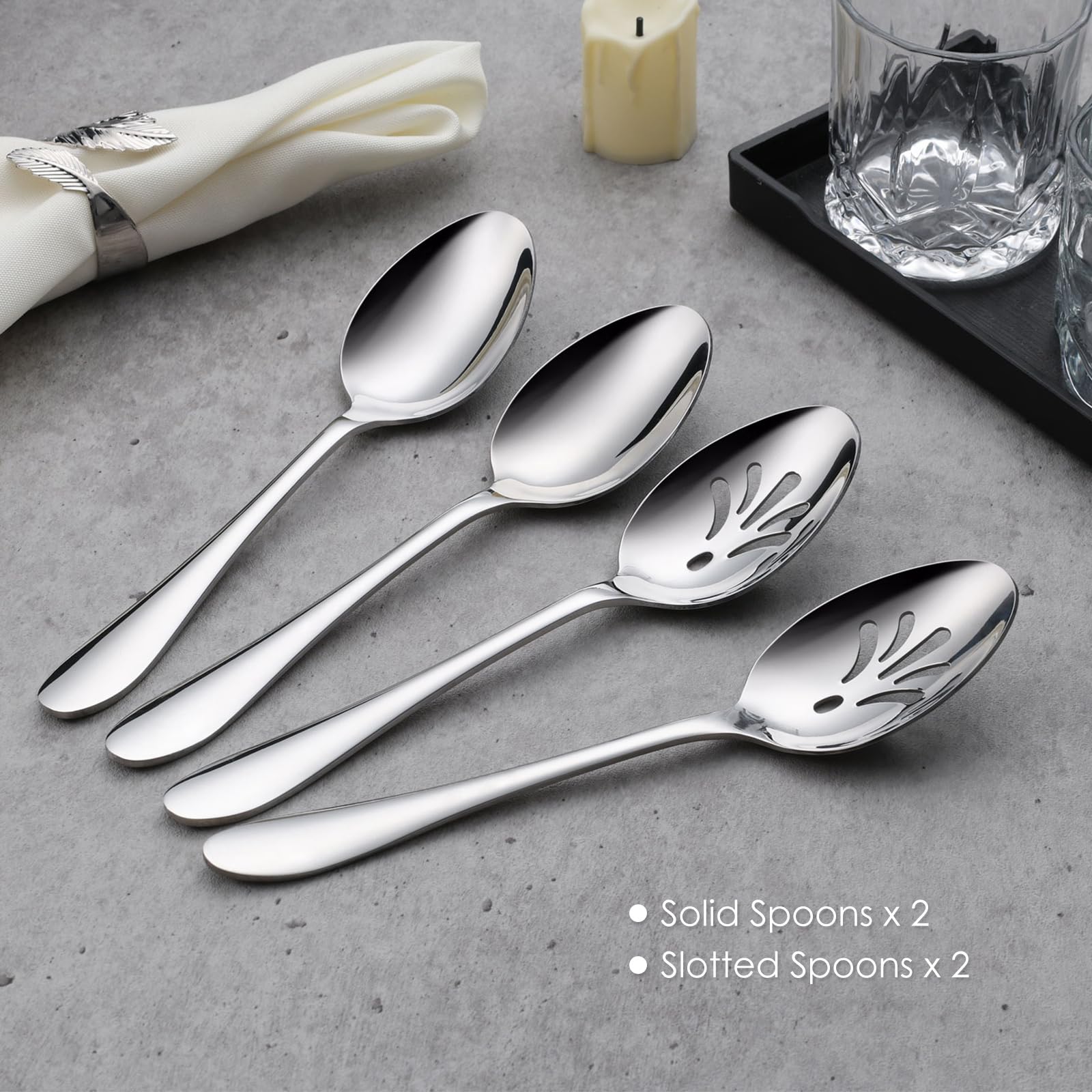 E-Far Serving Spoons, 4-Piece Stainless Steel Serving Utensils Set - Solid Spoons X 2, Slotted Spoons X 2, Metal Hostess Serving