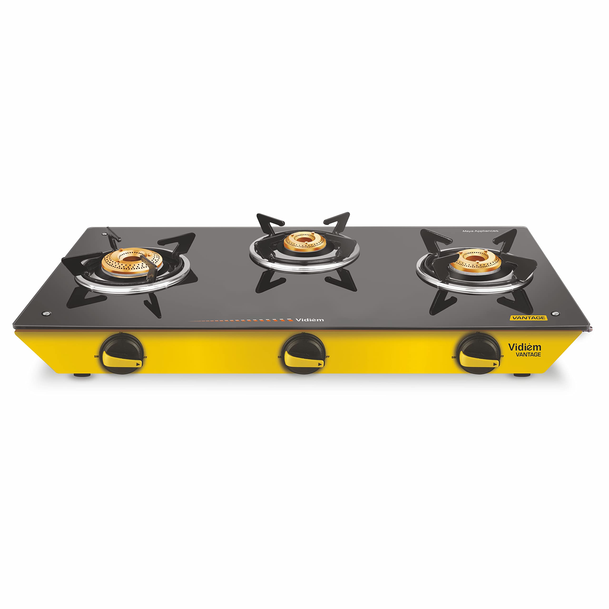 Vidiem Gas Stovevantage (Yellow) | 3 Burner Gas Stove | Manual Ignition | 7Mm Toughened Glass Top Gas Stove | Safety, Reliabilit