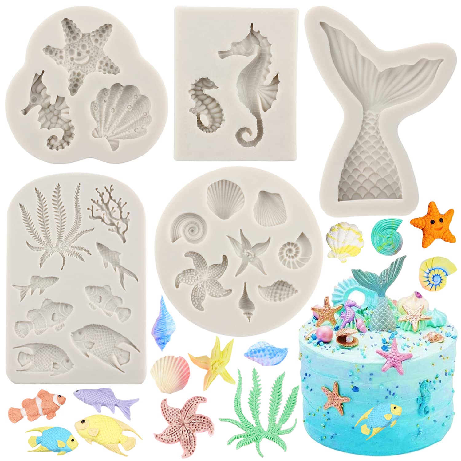 Sijiangmold Marine Theme Cake Fondant Molds Mermaid Tail Silicone Molds Seaweed Fish Seashell Coral Mold For Cake Decoration Cup