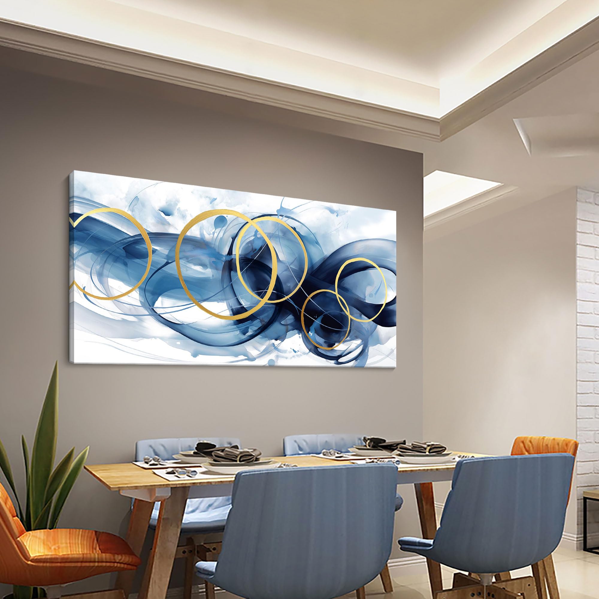 Hkdgoka Wall Art Living Room - Large Abstract Canvas Gold Blue Gradient Canvas Paintings Wall Artwork Modern Office Bedroom Pict