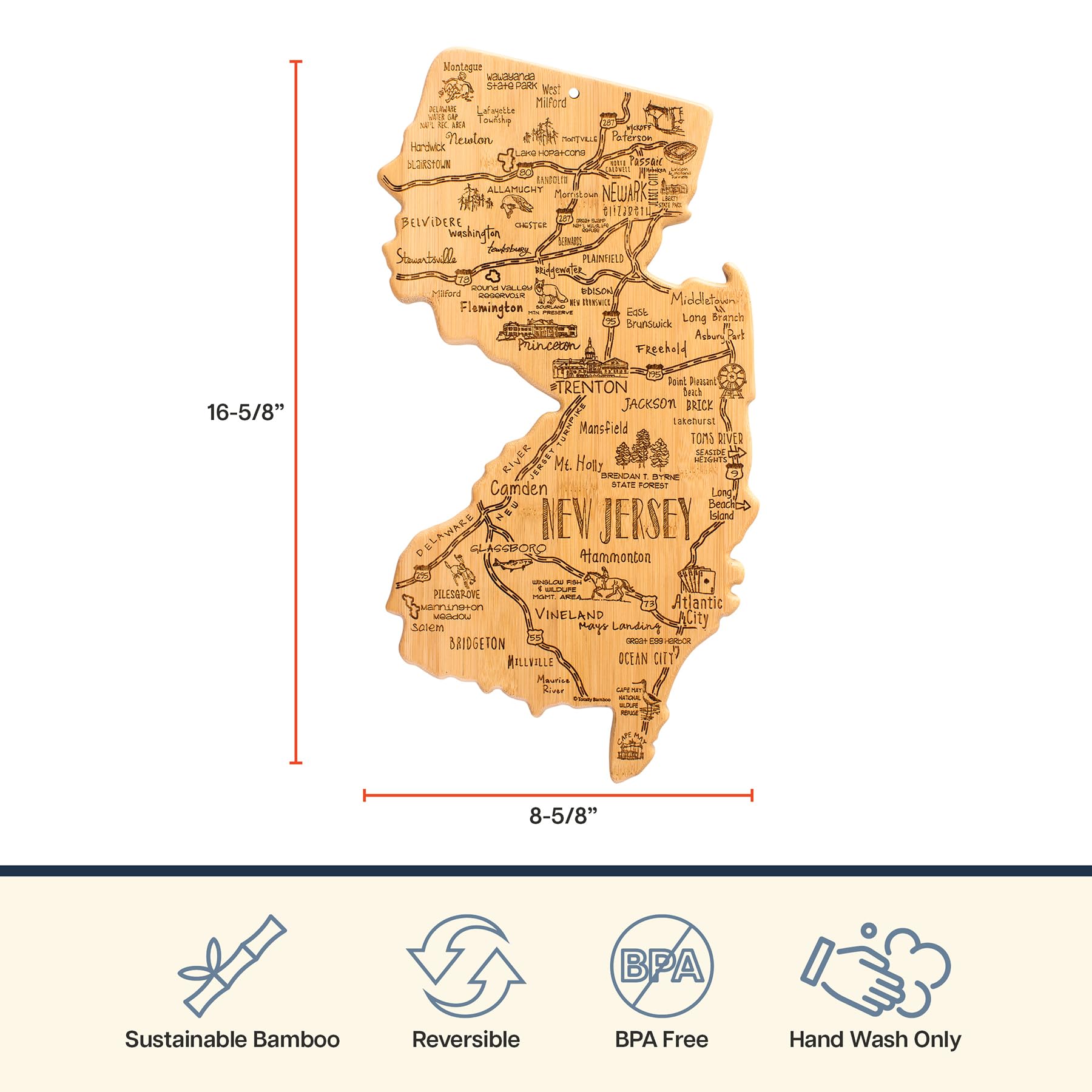 Totally Bamboo Destination New Jersey State Shaped Cutting Board, Charcuterie and Cheese Serving Board - New Jersey Gift for Hom