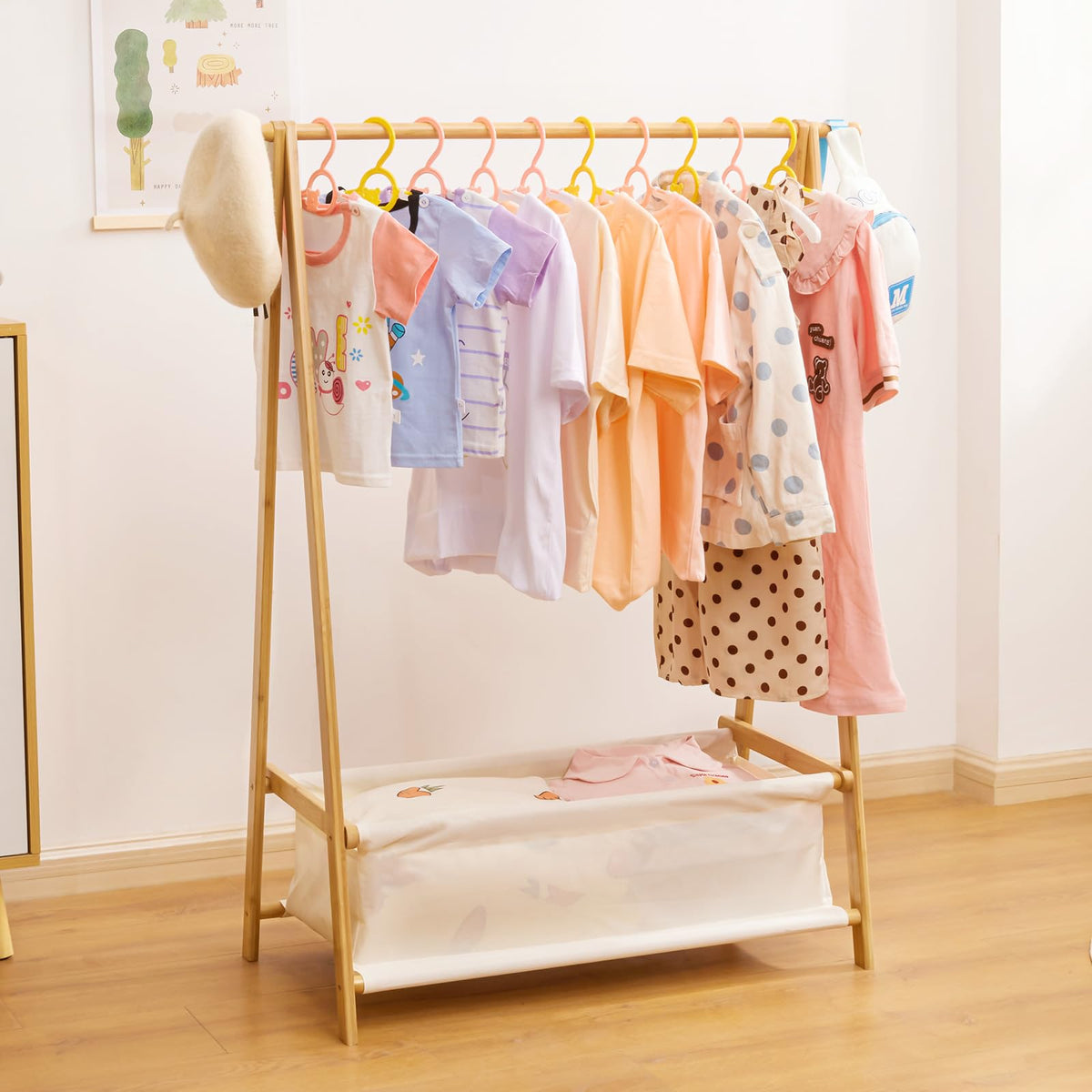 Cozivolife Kids Clothing Rack With Storage Box, Dress Up Holder, Child Garment Stand With Hanging Rods, Small And Foldable, Bamb