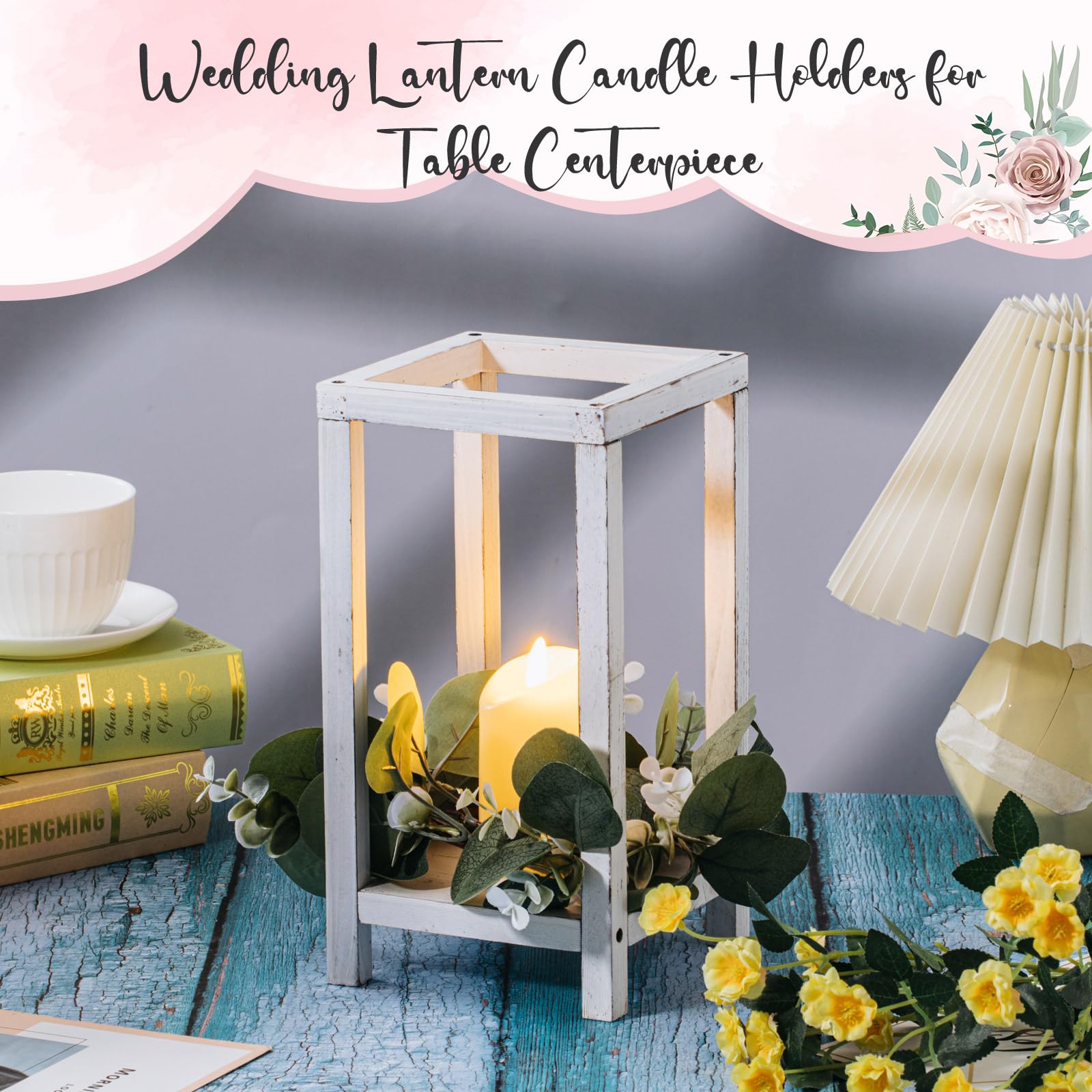 Geelin 12 Set 10.59   White Wooden Lanterns for Wedding Centerpieces Include 12 Wooden Lantern 12 LED Candle 12 Eucalyptus Leave