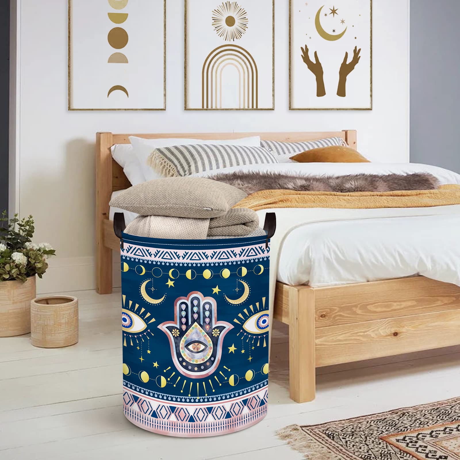 Clastyle 45L Blue Bohemia Evil Eye Laundry Baskets Hand Of Fatima Storage Basket For Blanket Toys Moon Star Hamsa Laundry Hamper