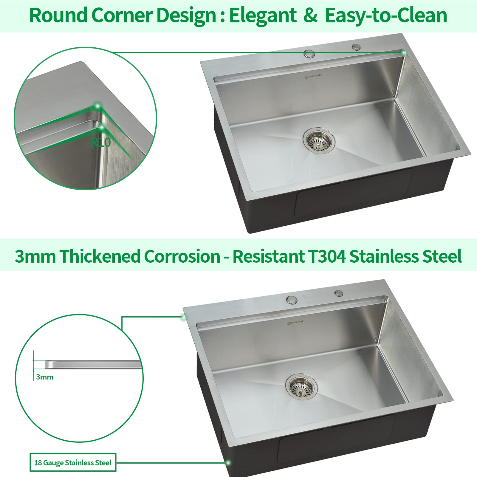 Ecochannels Kitchen Sink, 25 X 22 Inch Drop In Kitchen Sink Stainless Steel Topmount Kitchen Sink Workstation Sink Single Bowl
