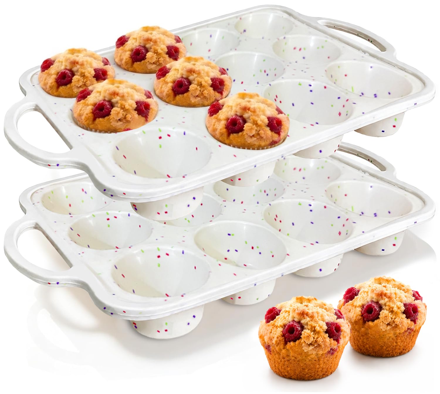 RICCLE Silicone Muffin Pans for Baking with Metal Reinforced Frame, 12Cup Cupcake Pan, 2 Pcs Muffin Trays for Cupcake Baking, T