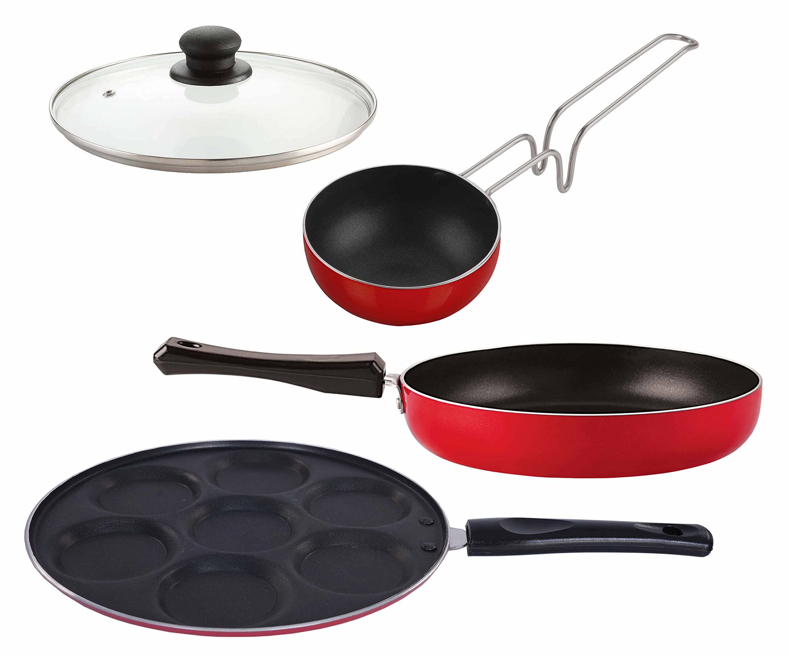Nirlon 3 Layer NonStick Dishwasher Safe Cookware Utensil Combo Gift Set (Fry Pan|Uttapam7 Cavity |Vagariya|1 Glass Lid)32Mm_F
