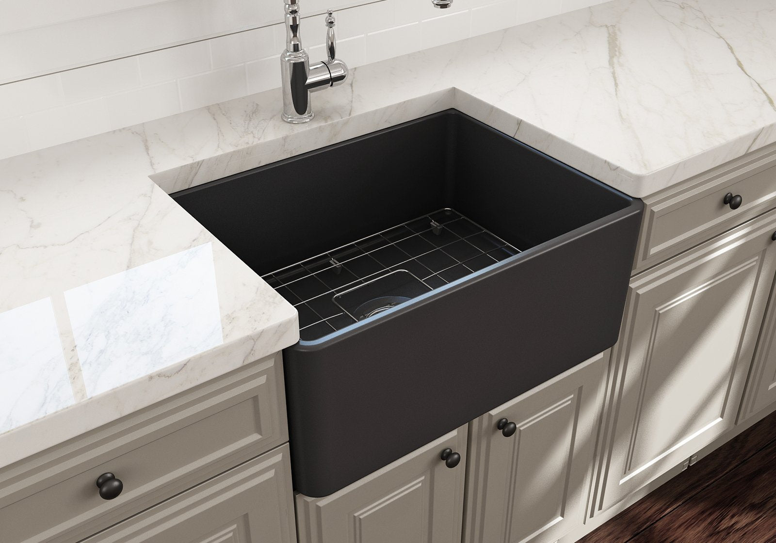 Bocchi Classico Farmhouse Apron Front Fireclay 24 In. Single Bowl Kitchen Sink With Protective Bottom Grid And Strainer In M.Dar