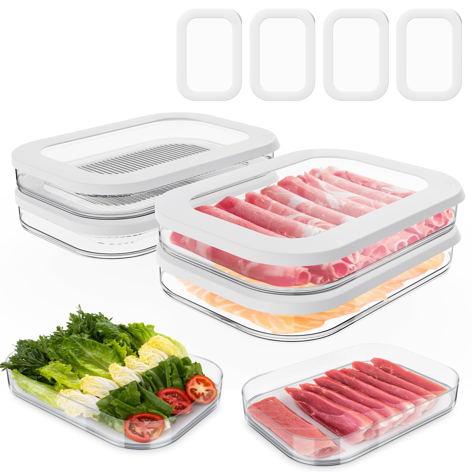 4 Pcs Deli Meat Container For Fridge, Stackable Bacon Lunch Meat Container For Refrigerator, Food Storage Boxes With 4 Lids For 