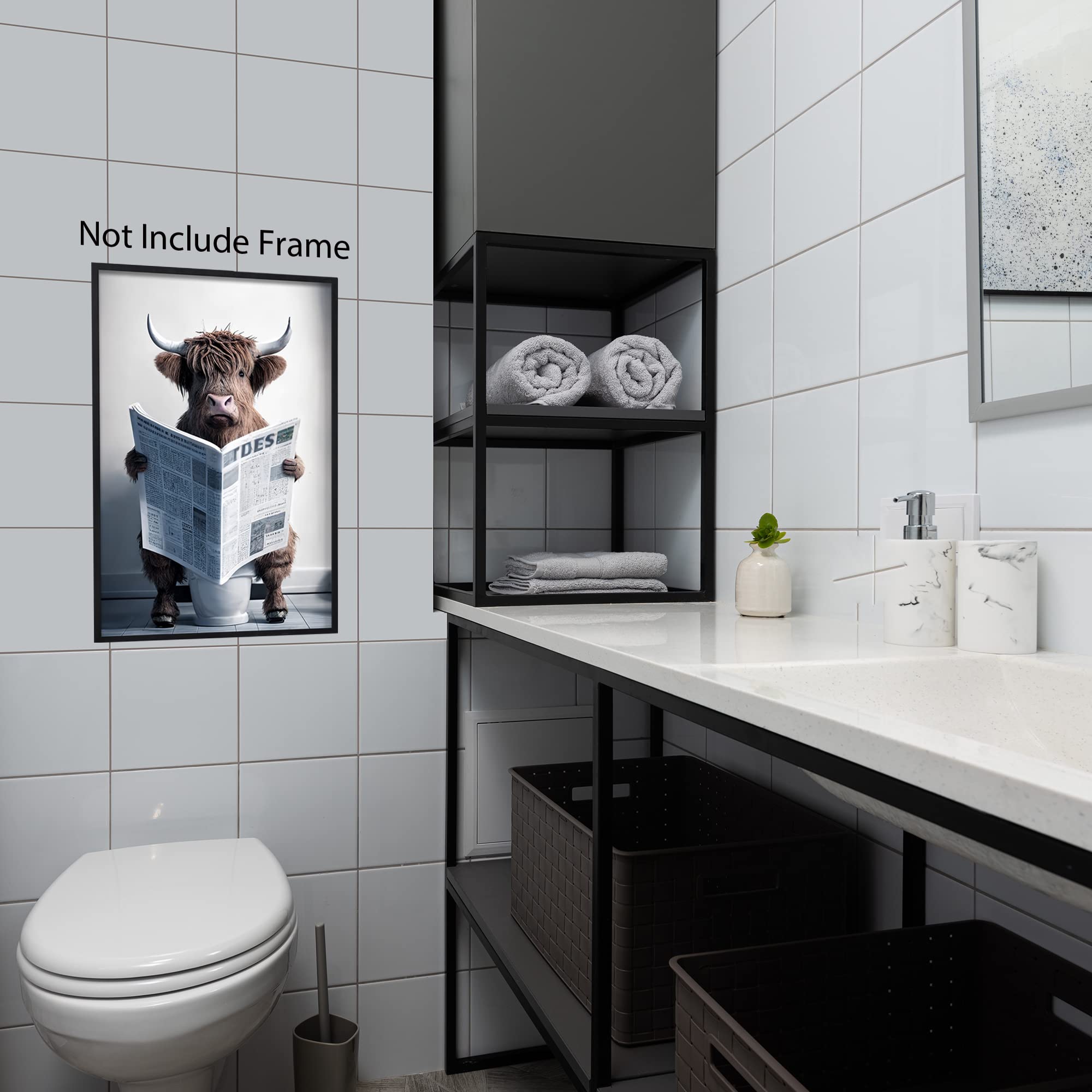 Funny Highland Cow Wall Art Canvas Bathroom Picture, Humor Animals Bathroom Artwork Prints, Rustic Farmhouse Wall Decor For Livi