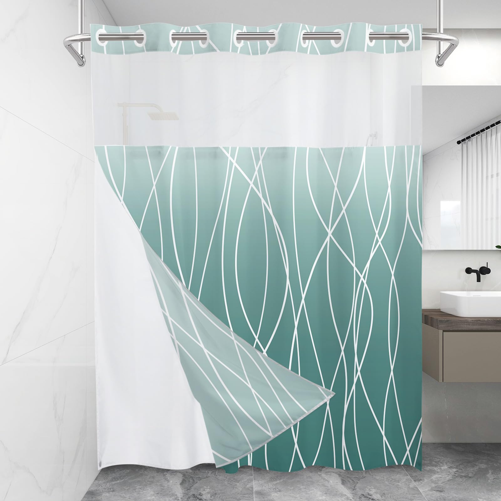 Lxbni No Hook Ombre Teal Striped Shower Curtain With Snap In Fabric Liner Set - Hotel Shower Curtain And Liner Set With See Thro