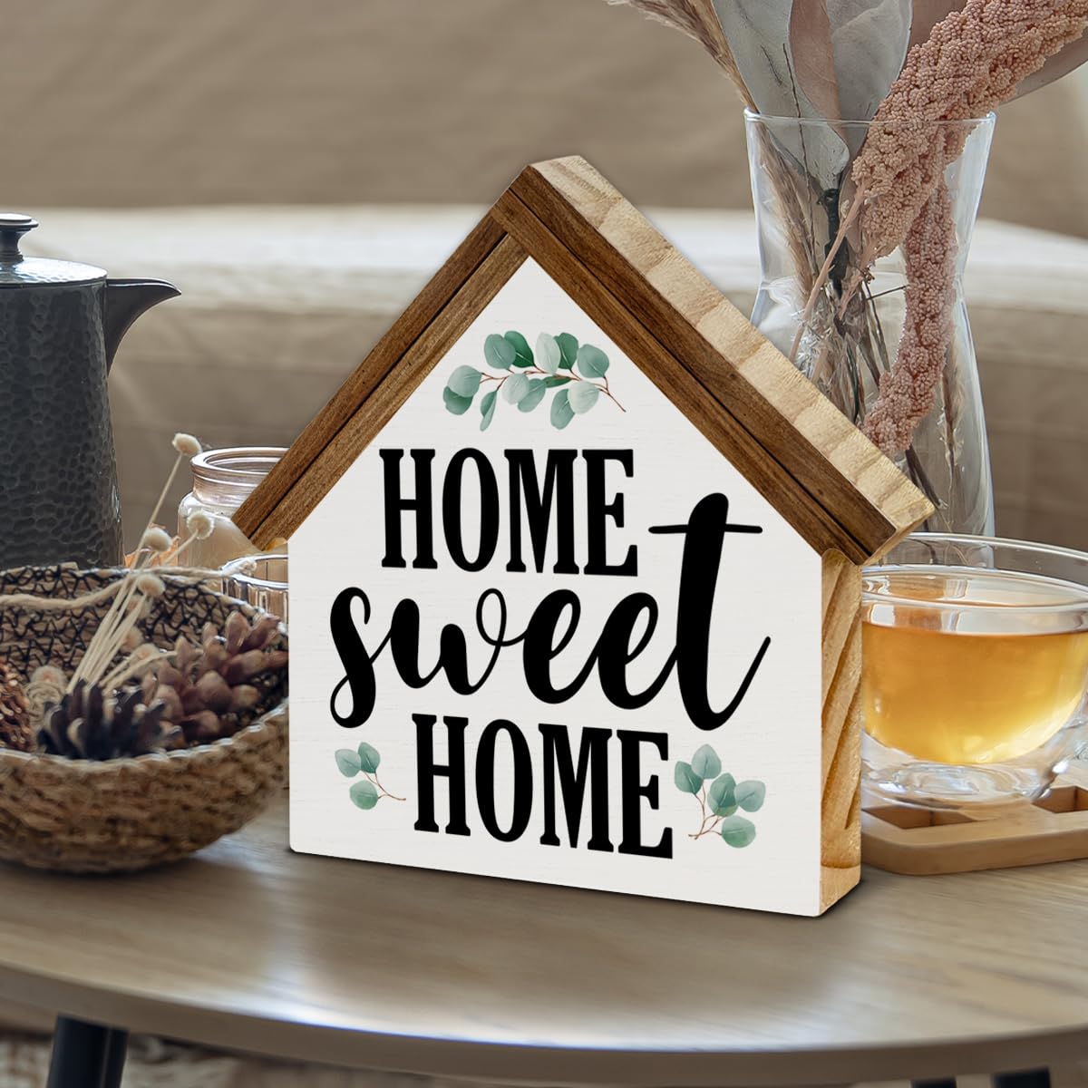 Home Sign Decor Home Sweet Home Wooden Block Sign Farmhouse House Shaped Sign Decor for Home Desk Shelf Tiered Trays