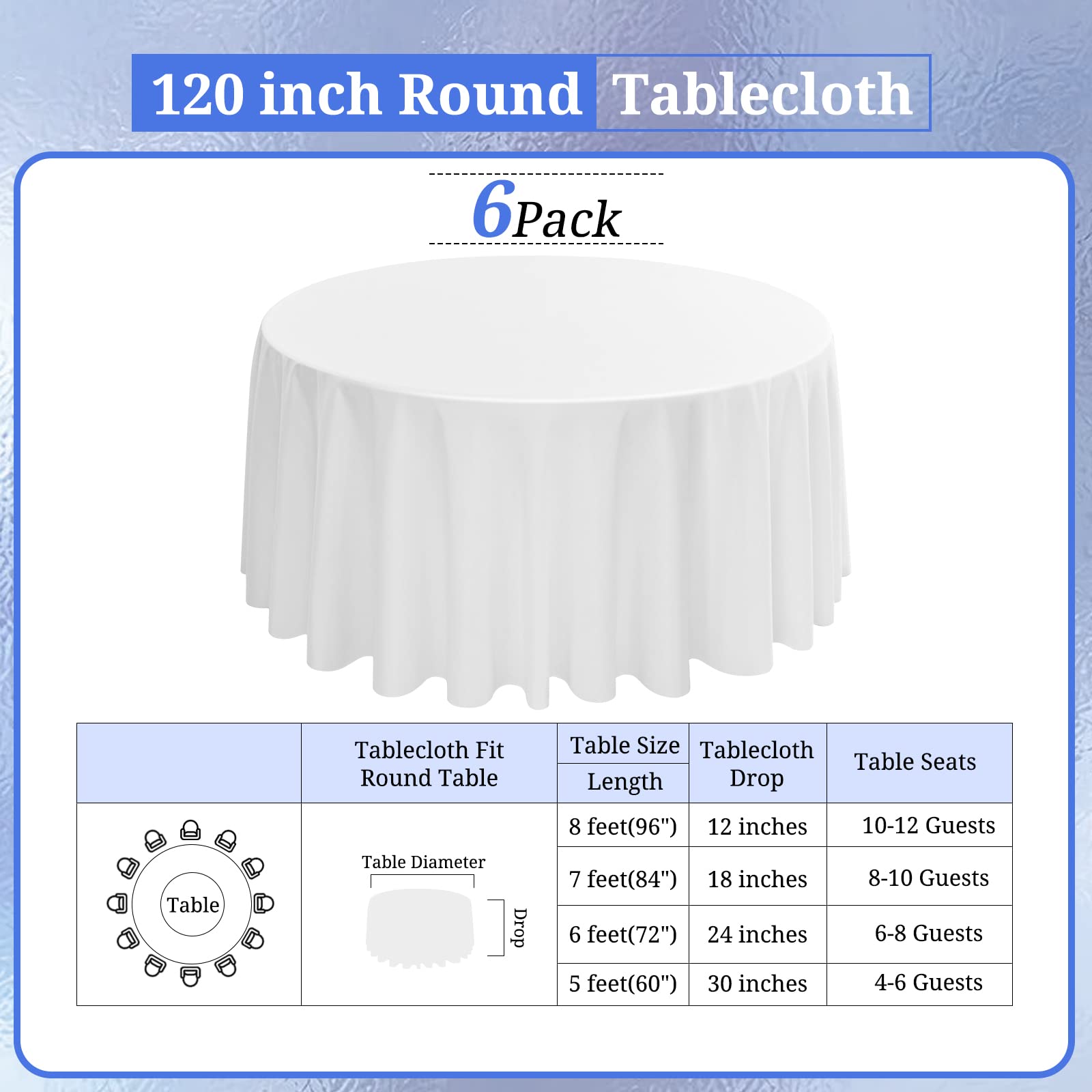Rewomc 6 Pack Round Tablecloths - 120 Inch, White Polyester Table Cover For Round Table, Stain And Wrinkle Resistant Washable Fa