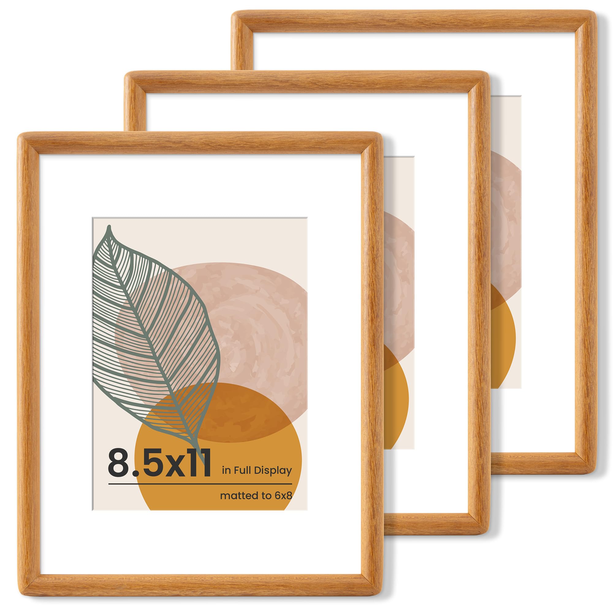 Axeman 8.5 by 11 Picture Frame Set of 3 - Solid Teak Wood 8.5 x 11 Frame With Mat for 6x8 - Rounded Corner 8.5x11 Frame with Tem
