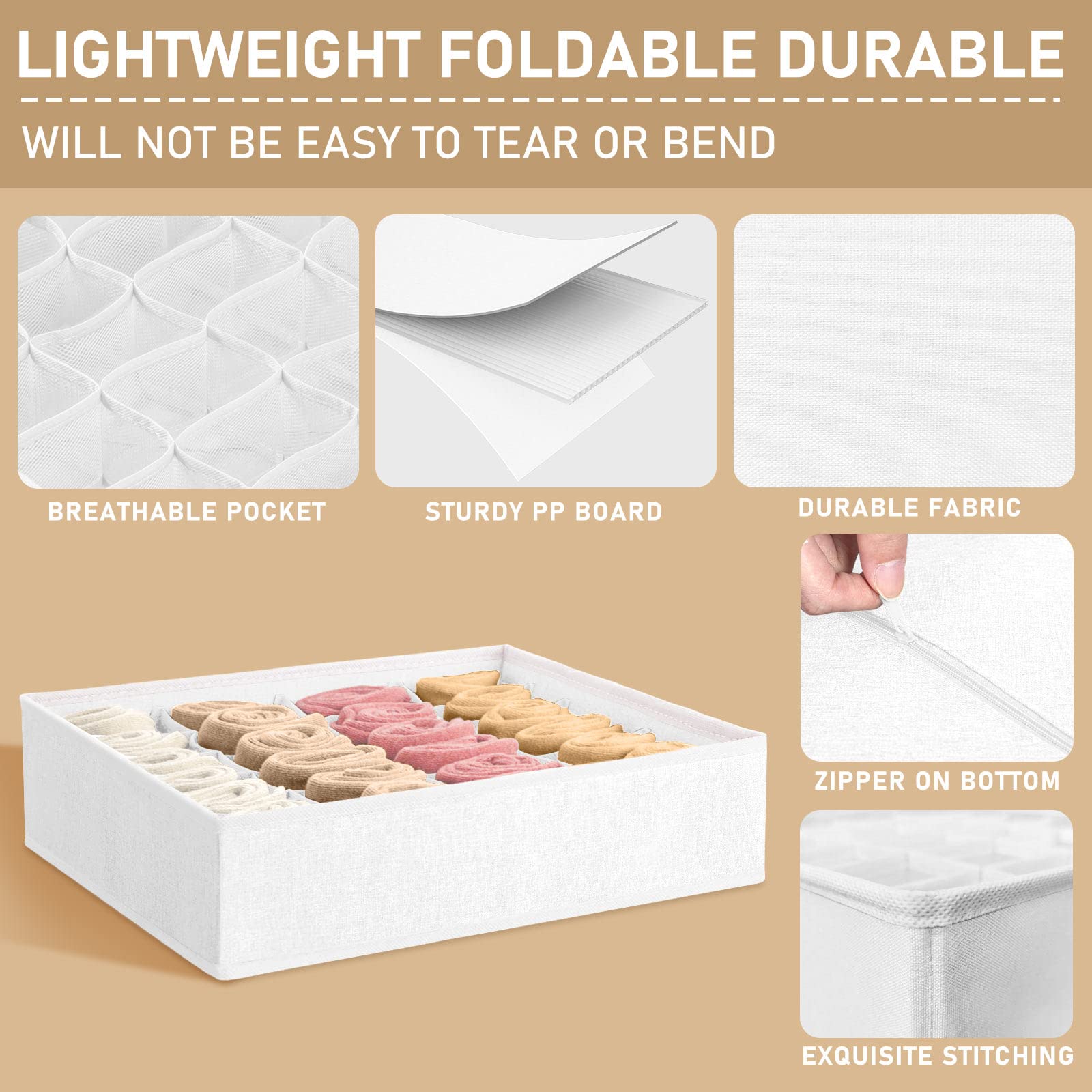 Criusia 3 Pack Sock Underwear Drawer Organizer Dividers, 64 Cell Fabric Foldable Cabinet Closet Organizers and Storage Boxes for