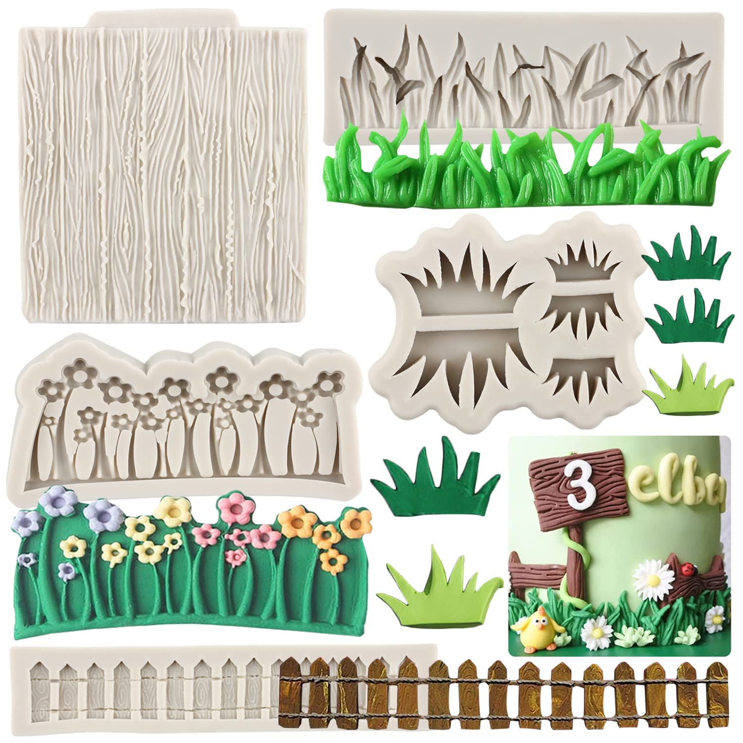Sijiangmold Green Grass Wood Grain Garden Picket Fence Fondant Molds Green Grass Flower Silicone Mold Wood Grain Tree Bark Candy