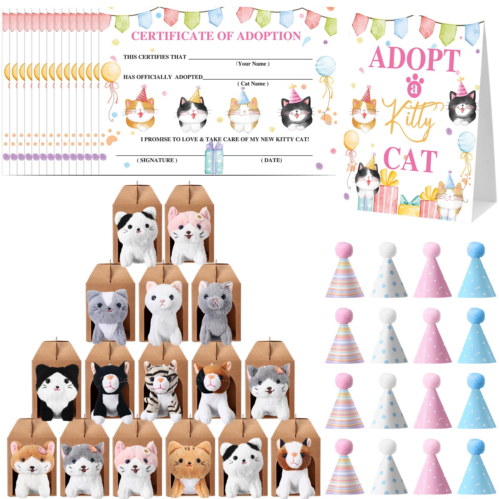 Cinnvoice 65 Pcs Adopt a Cat Party Favors, 16 Stuffed Cat Animals 16 Boxes 16 Cute Birthday Hats 16 Adoption Certificate Card 1 