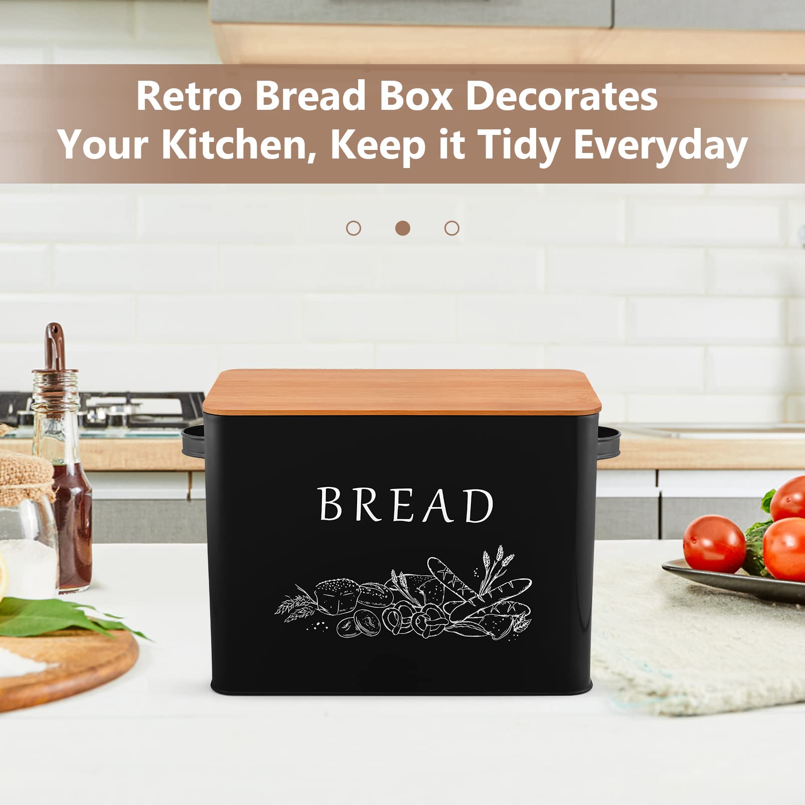 P&P Chef Black Bread Box For Kitchen Counter, Metal Bread Storage Bin With Wooden Cutting Lid, Large Capacity For Holding 2+ Loa