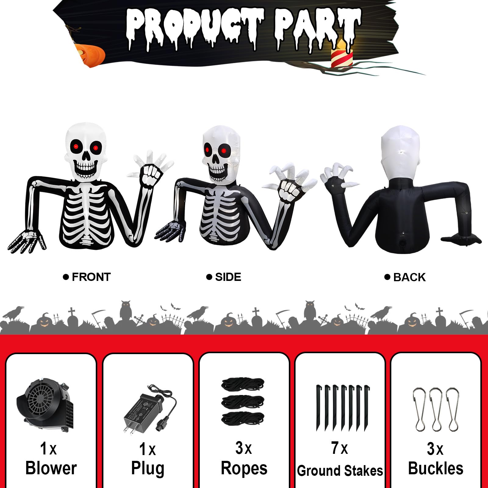 inslife 6FT Tall Halloween Inflatable Skull Skeleton Emerging from The Ground, Halloween Blow Up Skeleton Inflatables Built-in 6