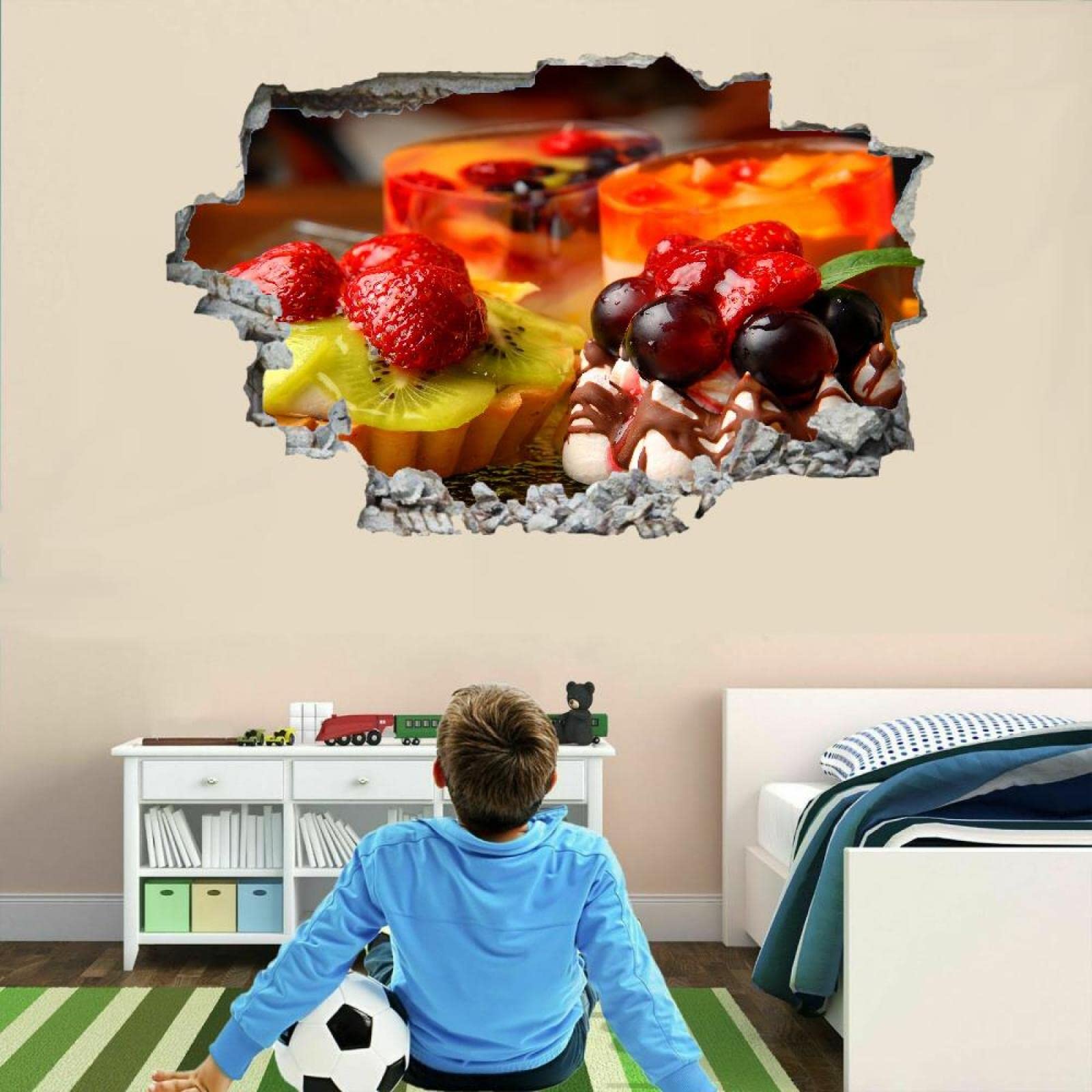 Food 3D Broken Wall Stickers Fruit Wall Mural Art Cake Nursery Childrens Bedroom Living Room Background Wall Decal Removable Vi