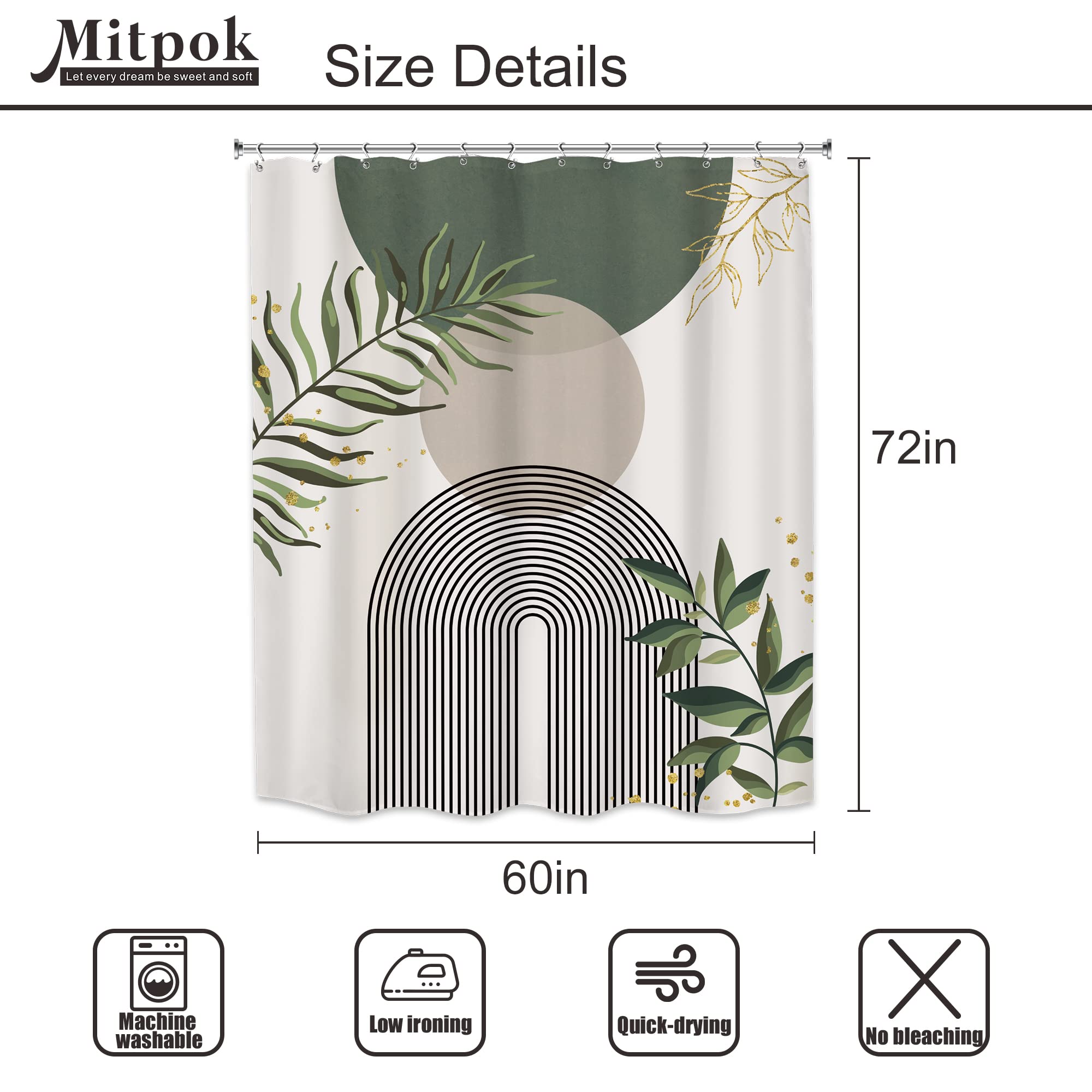 Mitpok Sage Green Boho Mid Century Shower Curtain 60Wx72H Abstract Gold Leaves Plant Grey Modern Sun Bathroom Decor Minimalist G
