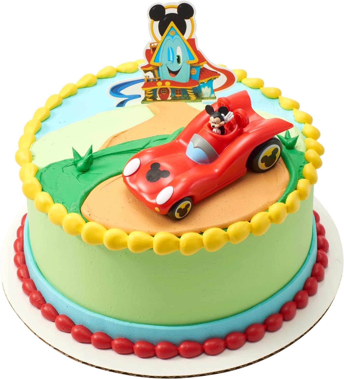 DecoSet Disney Mickey Mouse Funhouse Sweet Adventures  2-Piece Topper Set with Waving Mickey In Car and Pic To Set The Scene  For Birthday  Party  Celebration