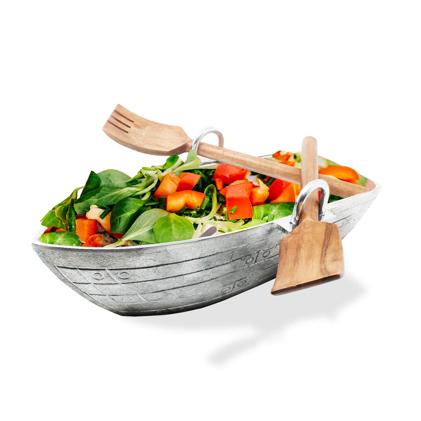 Gute Rowboat Serving Bowl With A Pair Of Wood Serving Utensils, Boat Salad Bowl Approx. 16'' L X 6'' W X 5'' H 50 Fl. Oz. Capaci