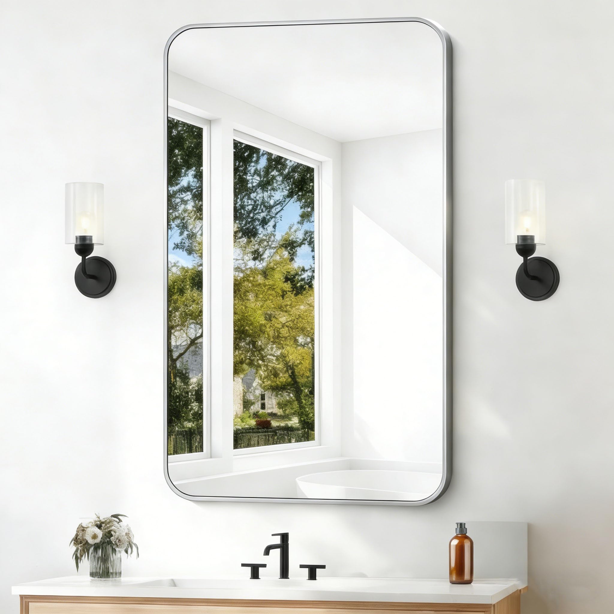 BONEWEI Silver Bathroom Mirror,24x40 inch Wall Mirror for Bathroom Wall Mounted,Rectangle Mirror for Bathroom Over Sink,Modern F